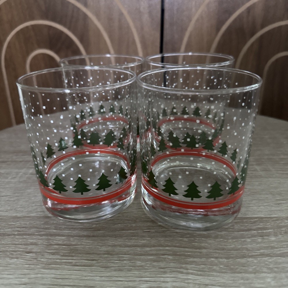 4 Vintage Libbey Christmas tree snow dots double old fashioned glass tumblers